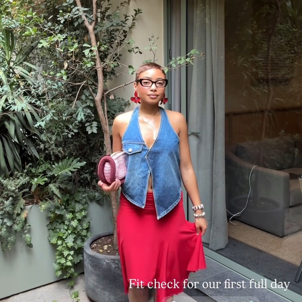 Denim Halter Top with Red Skirt
